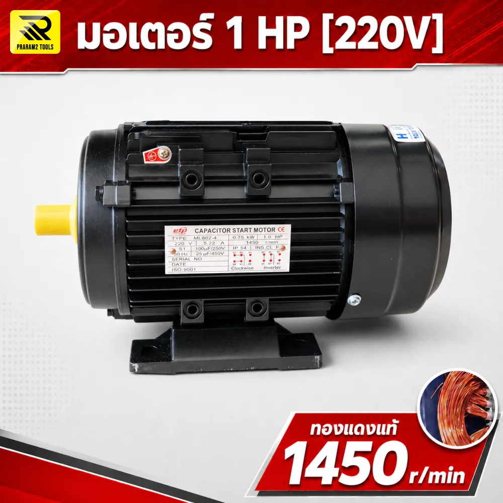มอเตอร์ไฟฟ้า ETP 1 HP 220V 1450 RPM รอบช้า ทองแดงแท้ แกนเพลา 19 มม. - รูปที่ 4